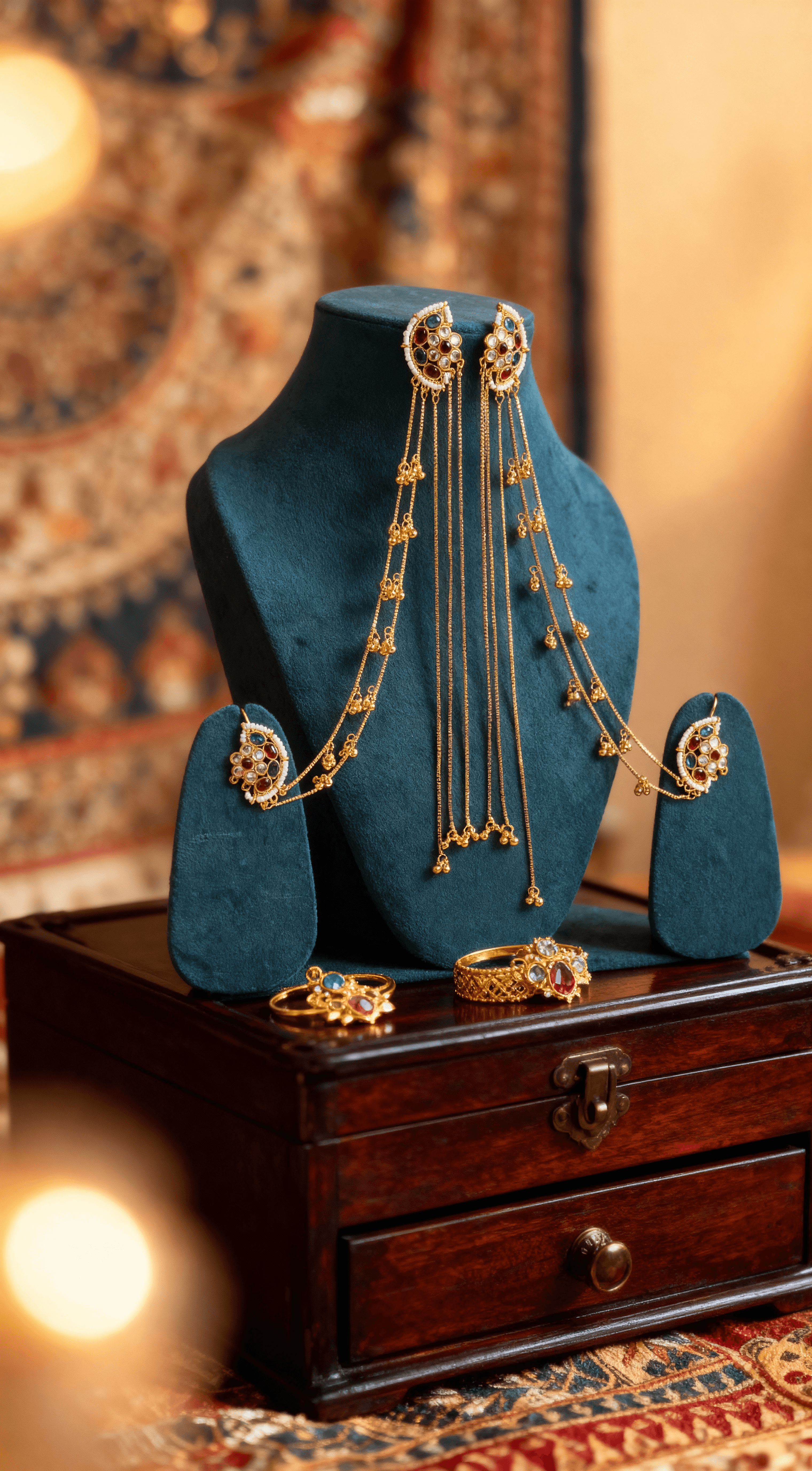 Zulekha Regal Kundan & Multicolor Stone Hair Chain Earring Set