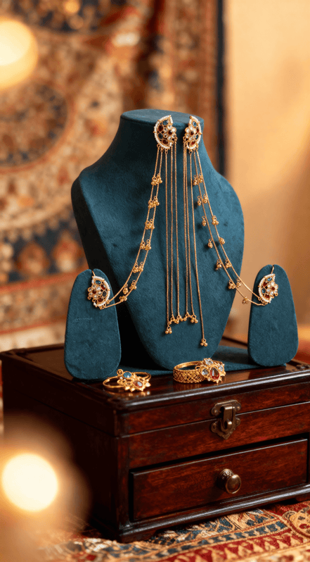 Zulekha Regal Kundan & Multicolor Stone Hair Chain Earring Set