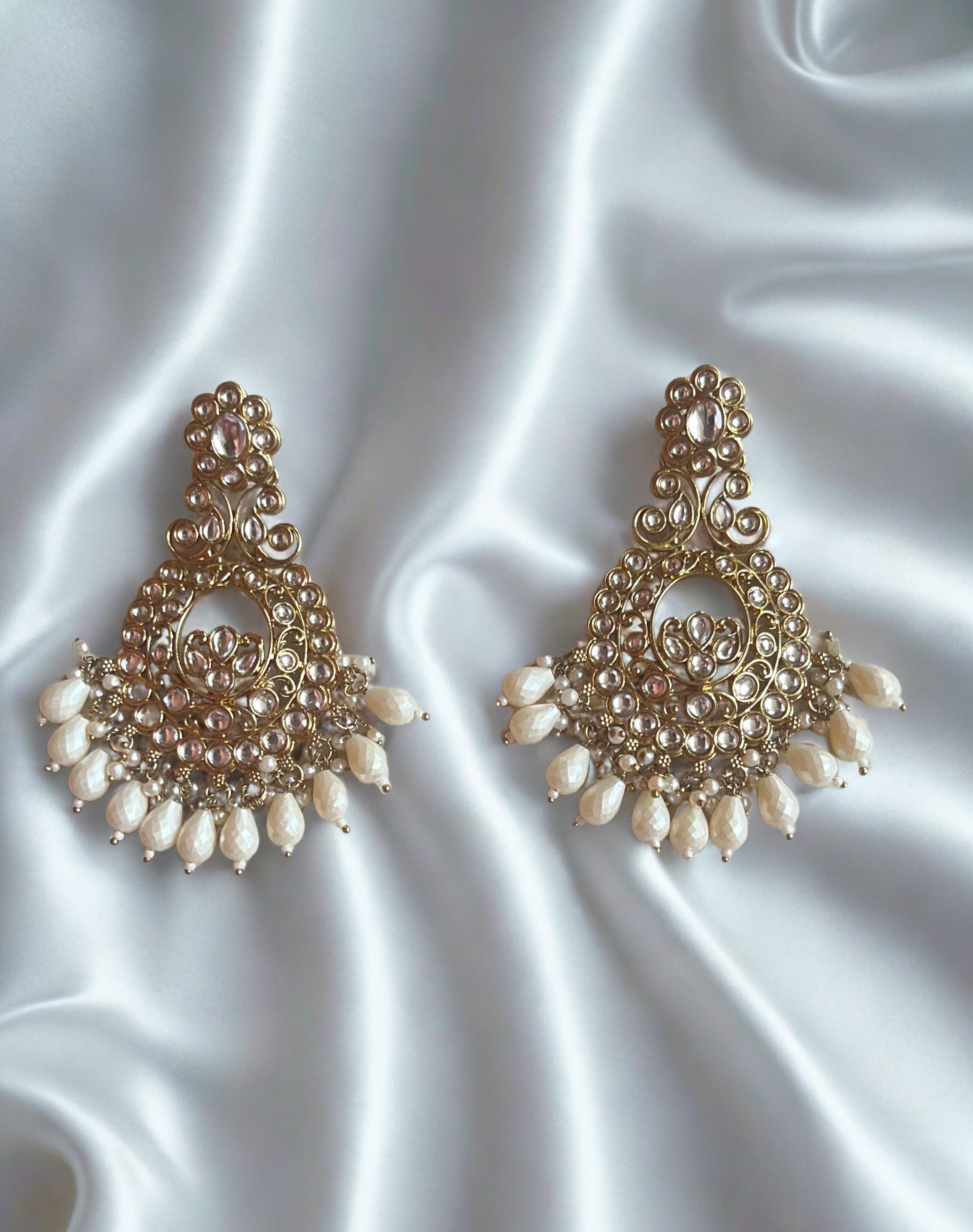 Zulekha Royal Aura White Pearl Polki Chandbali Earrings