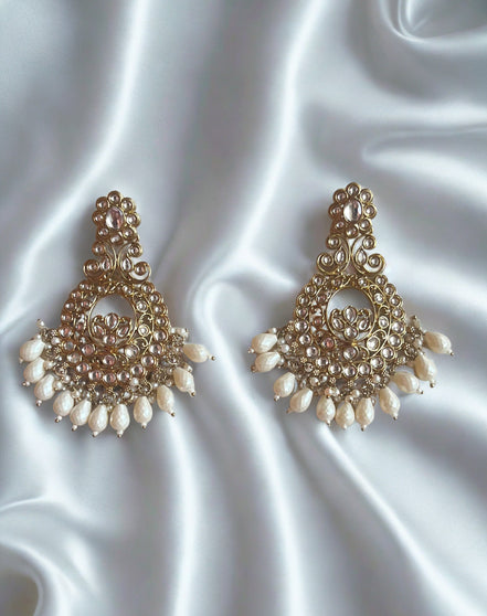 Zulekha Royal Aura White Pearl Polki Chandbali Earrings