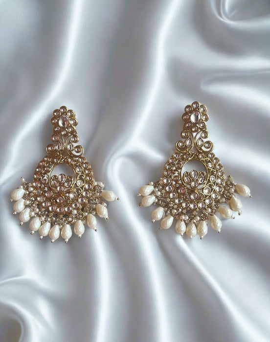 Zulekha Royal Aura White Pearl Polki Chandbali Earrings