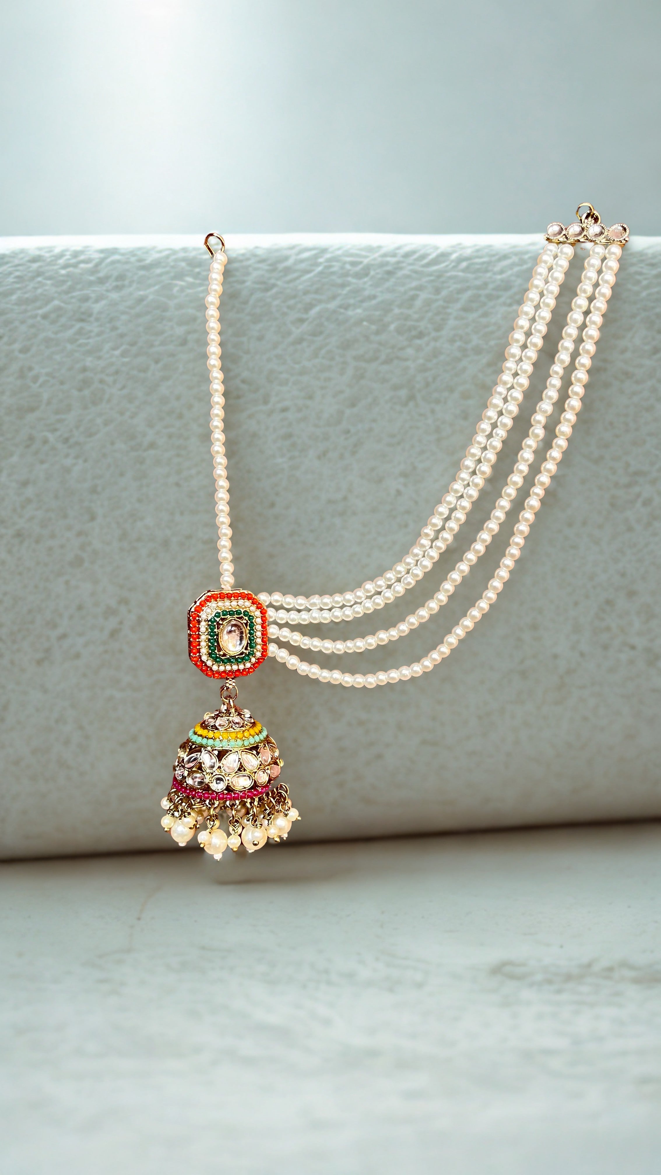 Zulekha Majestic Pearl Earchain Bahubali Kundan Jhumkas