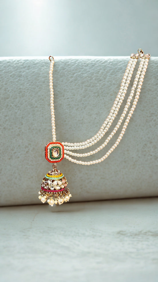 Zulekha Majestic Pearl Earchain Bahubali Kundan Jhumkas