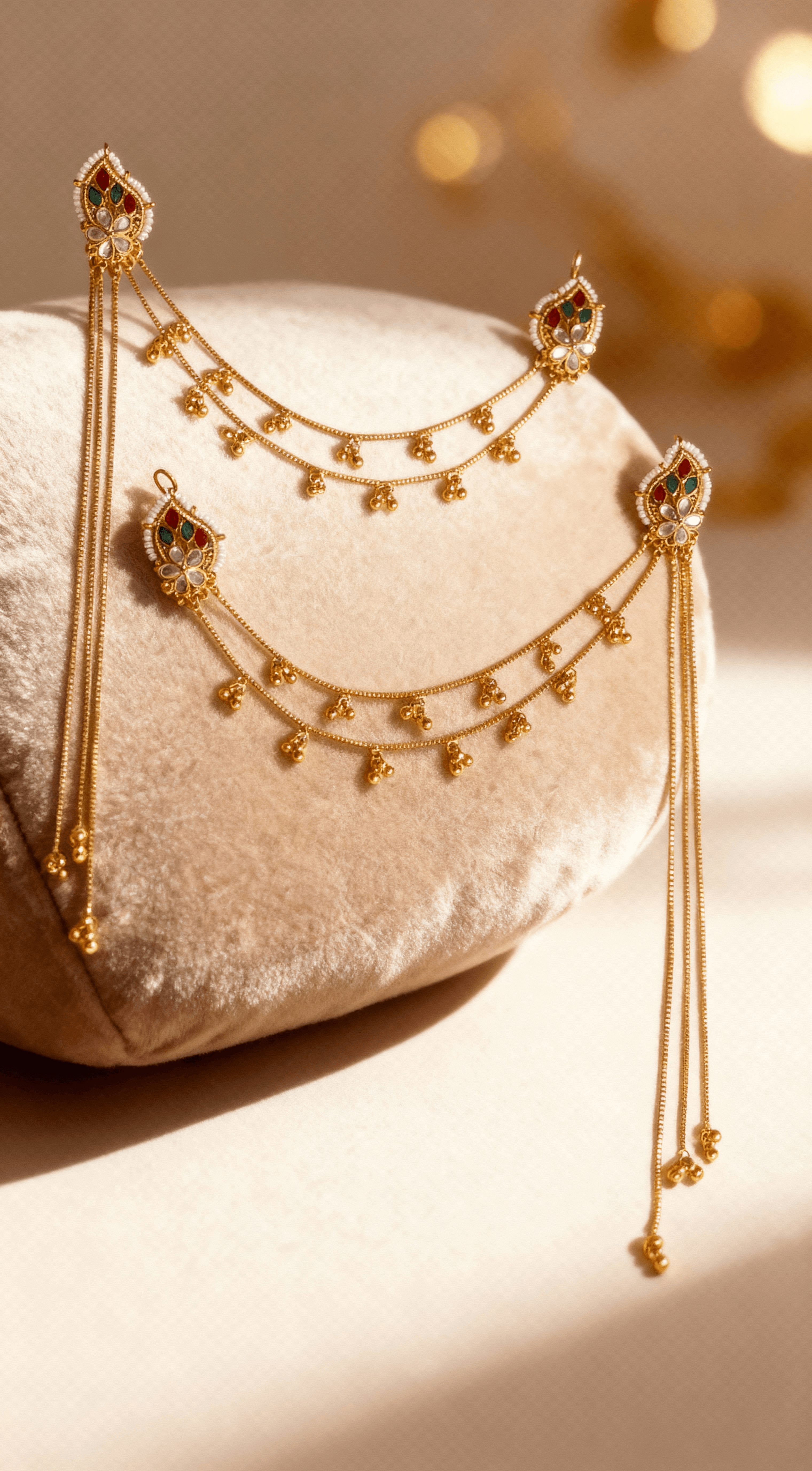 Zulekha Regal Kundan & Multicolor Stone Hair Chain Earring Set