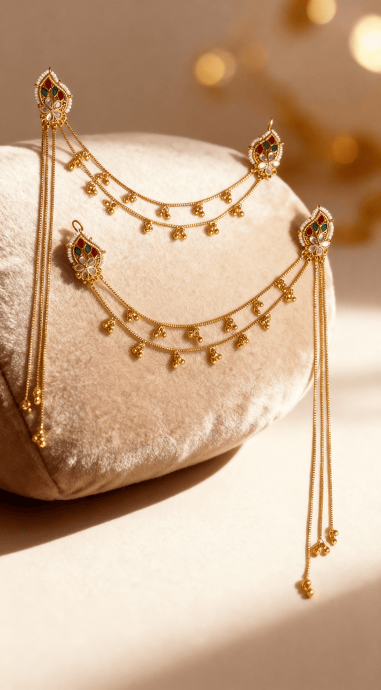 Zulekha Regal Kundan & Multicolor Stone Hair Chain Earring Set