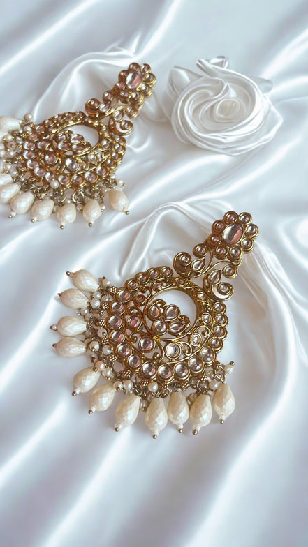 Zulekha Royal Aura White Pearl Polki Chandbali Earrings