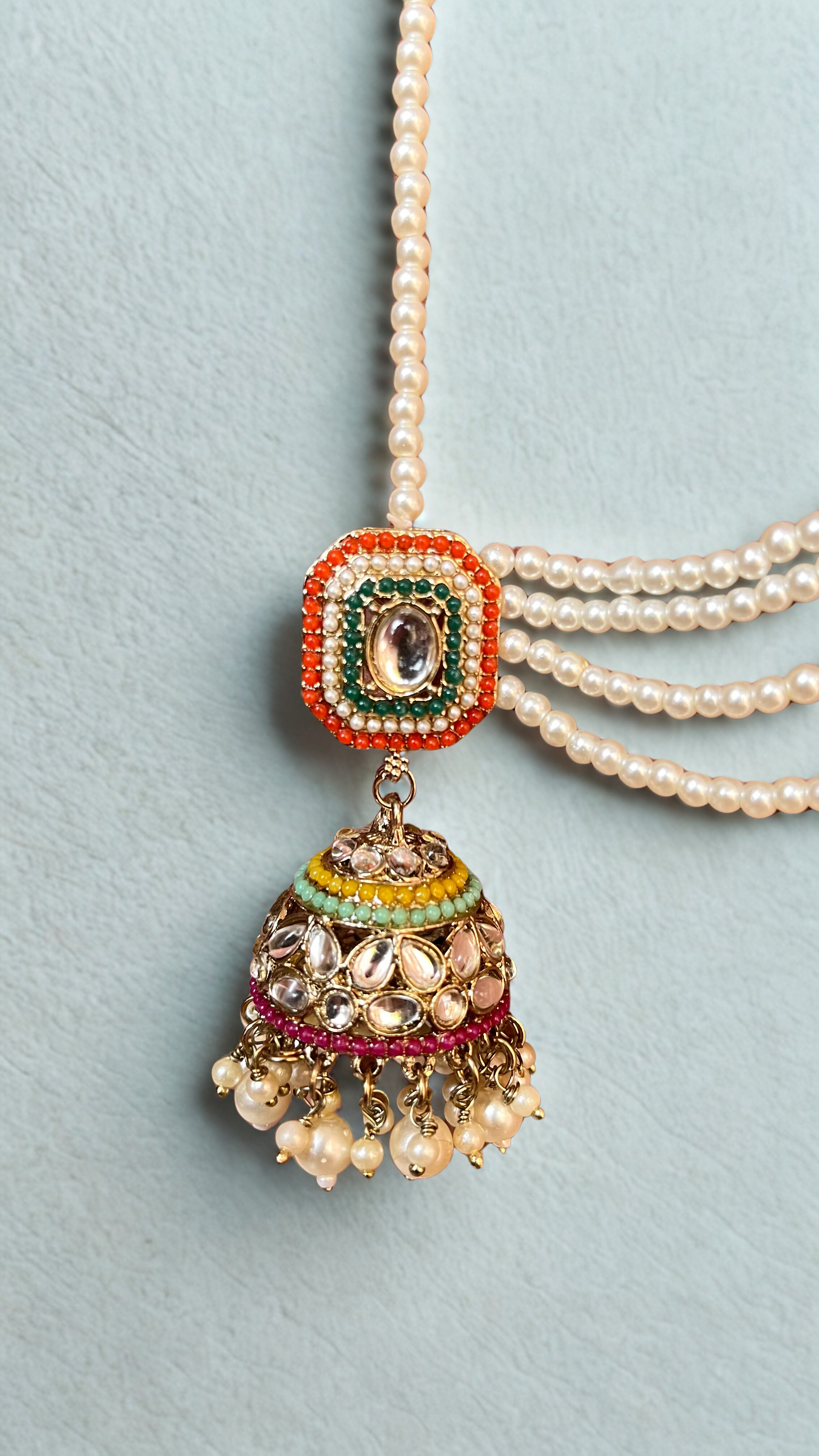 Zulekha Majestic Pearl Earchain Bahubali Kundan Jhumkas