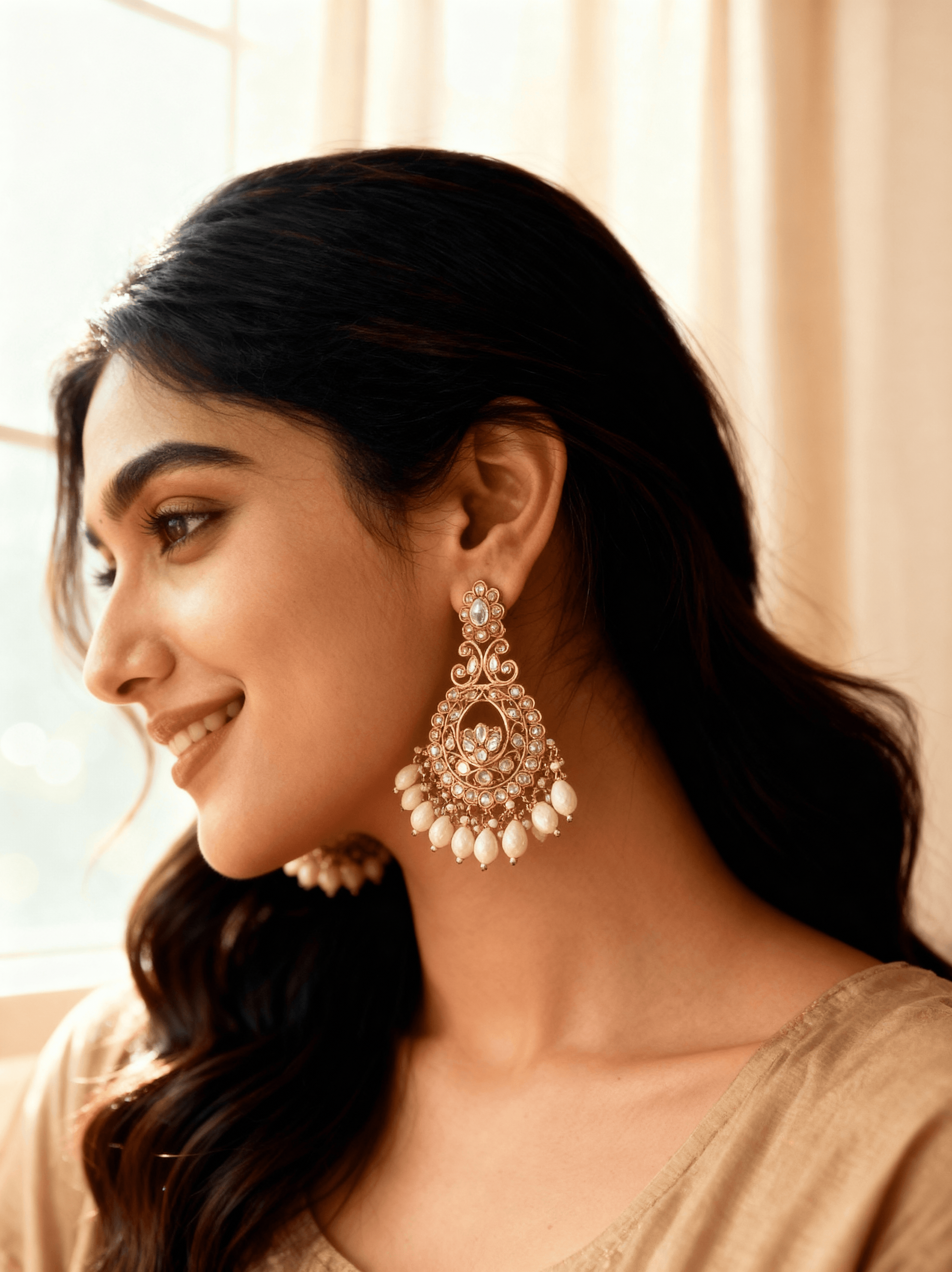 Zulekha Royal Aura White Pearl Polki Chandbali Earrings