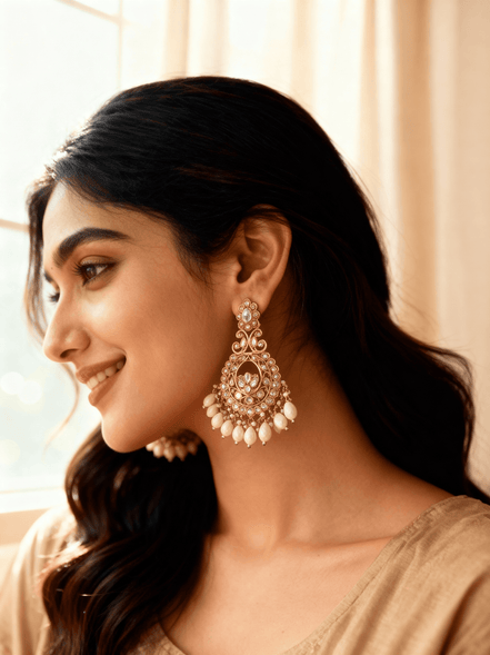 Zulekha Royal Aura White Pearl Polki Chandbali Earrings
