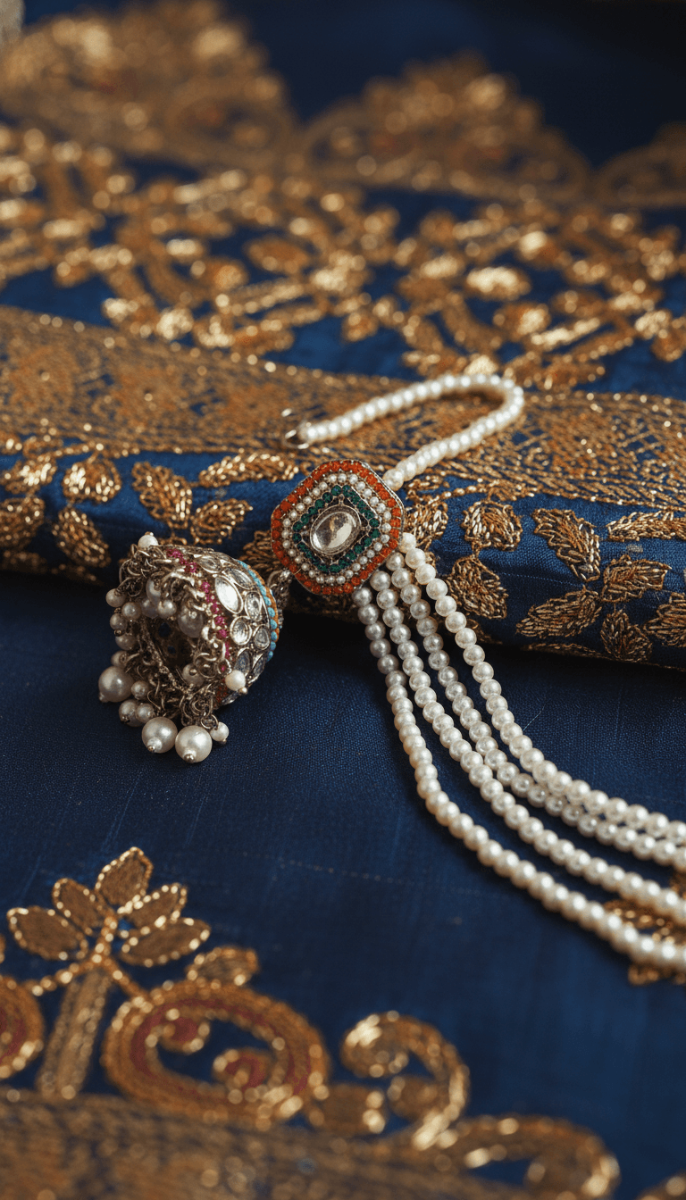 Zulekha Majestic Pearl Earchain Bahubali Kundan Jhumkas