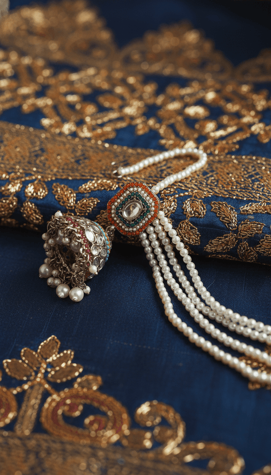 Zulekha Majestic Pearl Earchain Bahubali Kundan Jhumkas