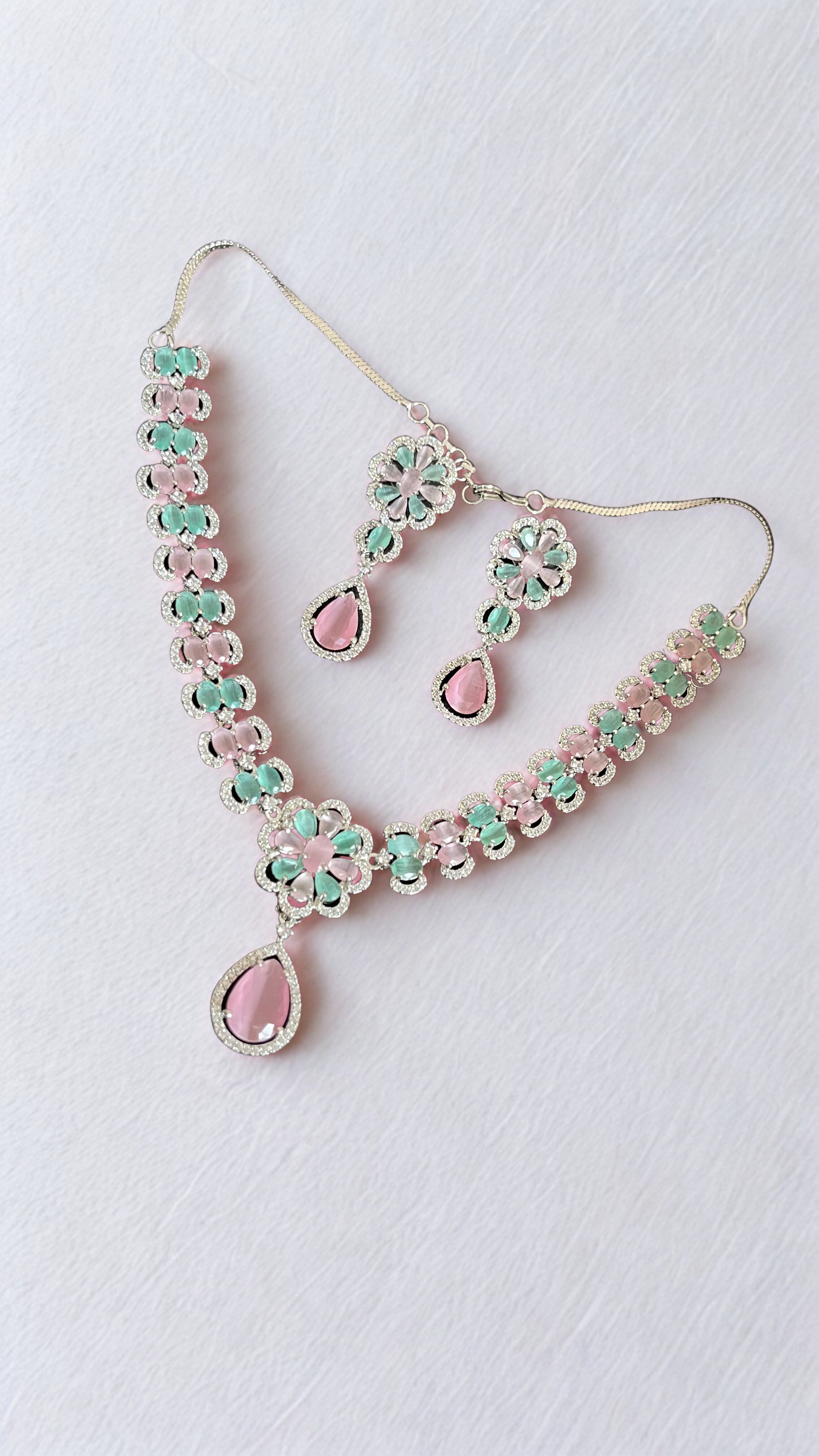 Zulekha Blush & Mint Floral Drop Necklace