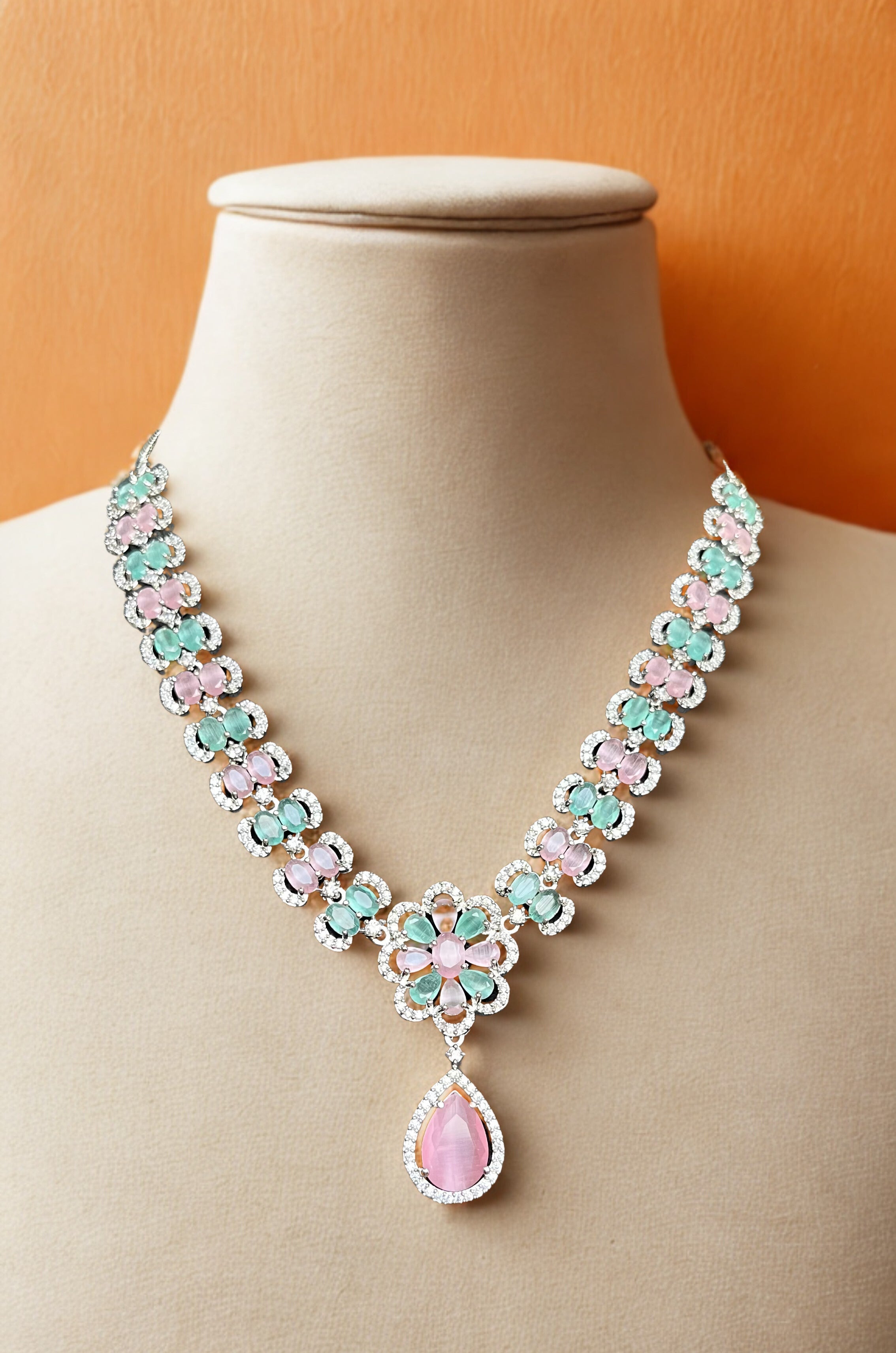 Zulekha Blush & Mint Floral Drop Necklace