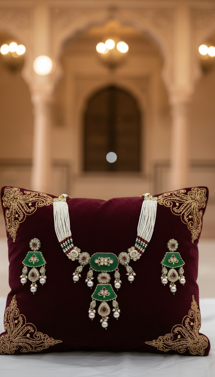 Zulekha Rajsi Vaibhav Panna Kundan Set – emerald green kundan bridal necklace set