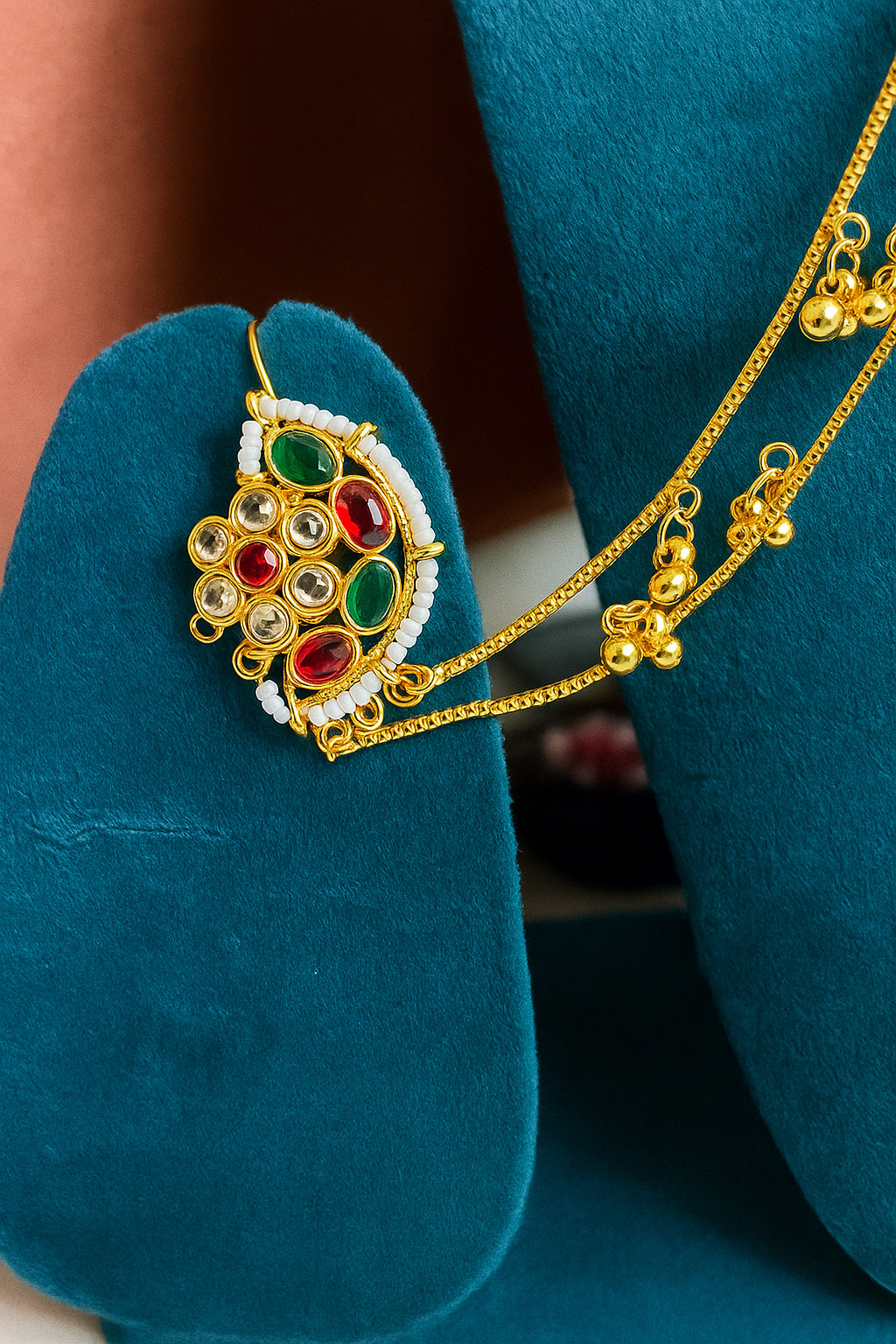 Zulekha Regal Kundan & Multicolor Stone Hair Chain Earring Set