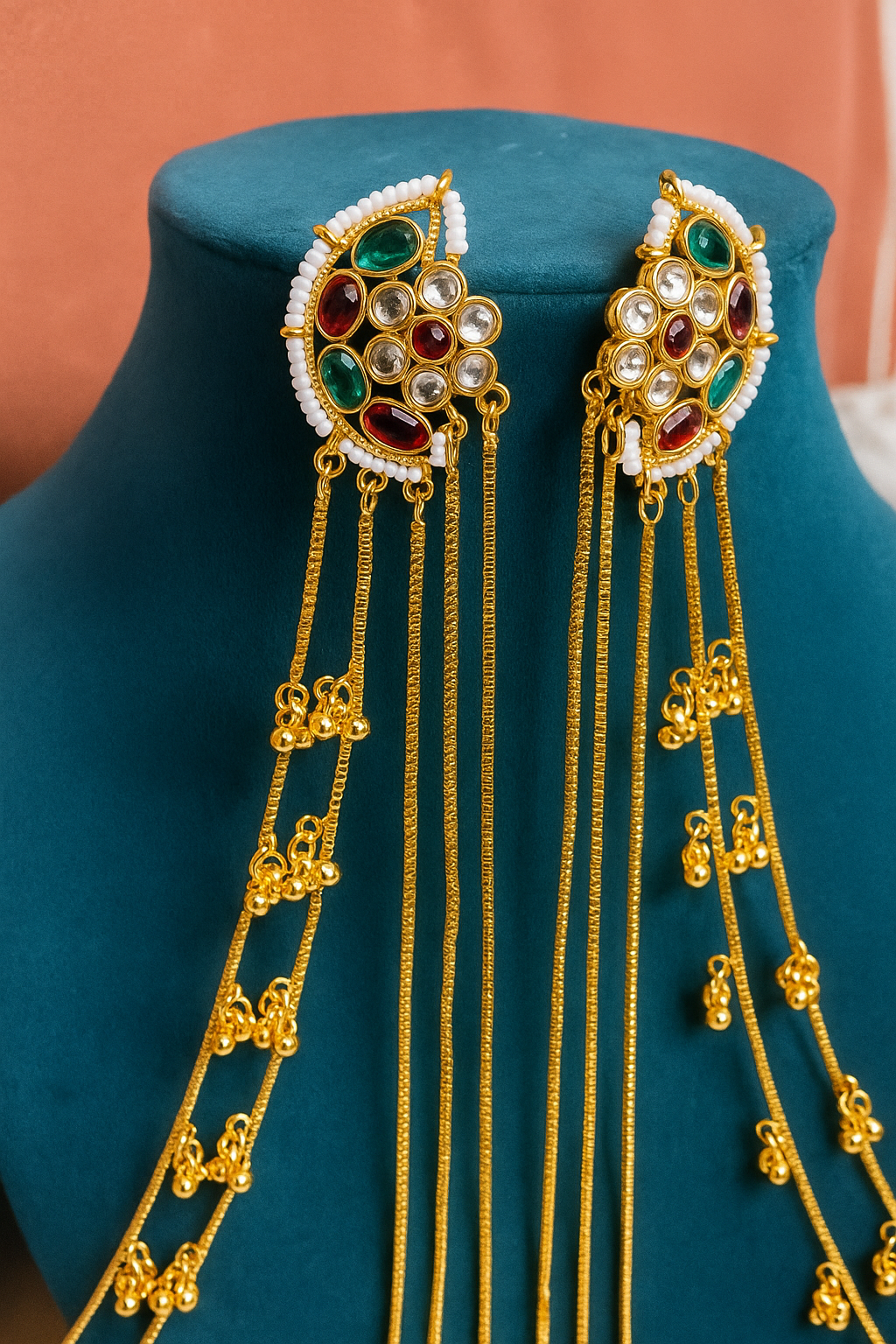Zulekha Regal Kundan & Multicolor Stone Hair Chain Earring Set
