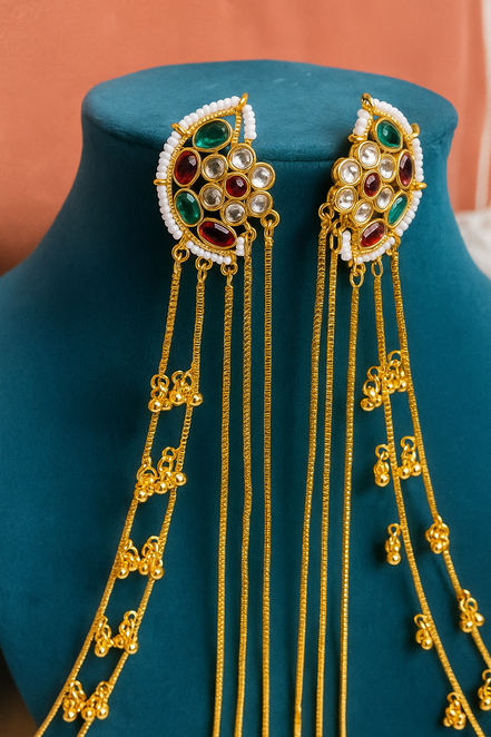 Zulekha Regal Kundan & Multicolor Stone Hair Chain Earring Set