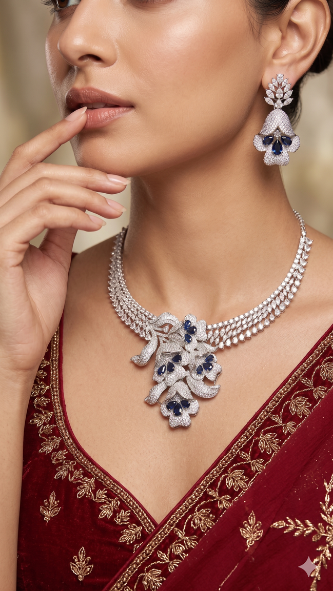 Zulekha Amethyst Petal Diamond Set – purple American Diamond necklace and earring set