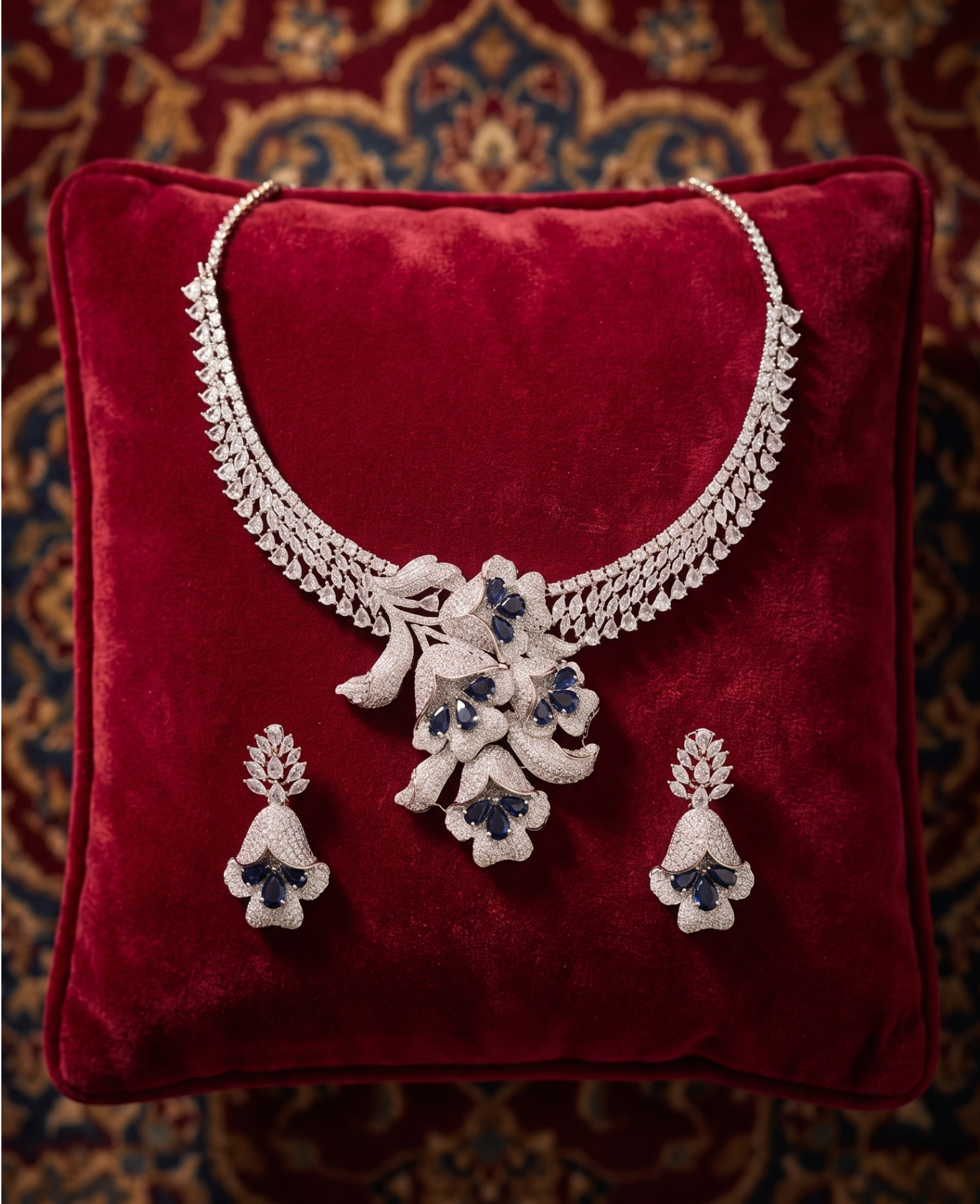 Zulekha Amethyst Petal Diamond Set – purple American Diamond necklace and earring set