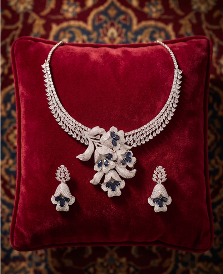 Zulekha Amethyst Petal Diamond Set – purple American Diamond necklace and earring set
