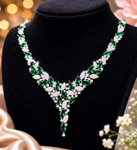 Zulekha Moonleaf Meadow Diamond Set – green American Diamond necklace and earring set with leaf motifs