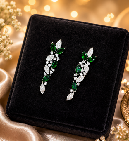 Zulekha Moonleaf Meadow Diamond Set – green American Diamond necklace and earring set with leaf motifs