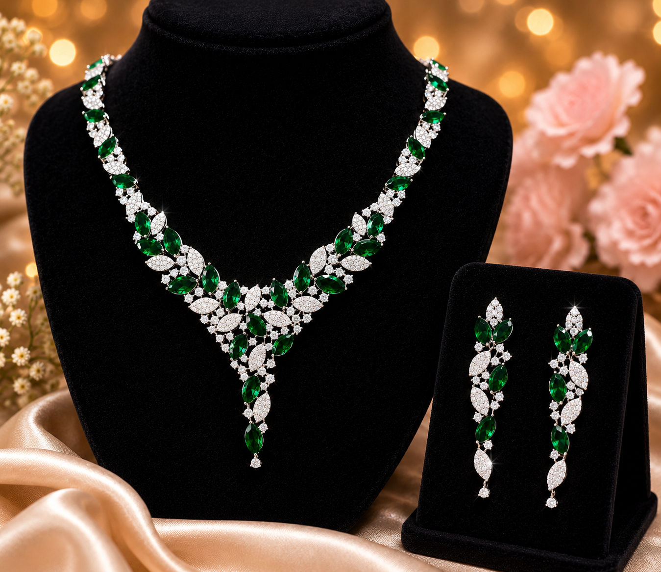 Zulekha Moonleaf Meadow Diamond Set – green American Diamond necklace and earring set with leaf motifs