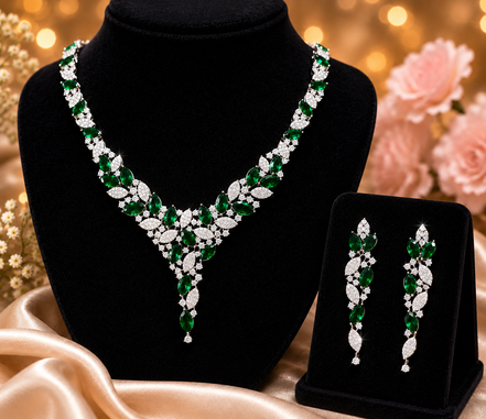 Zulekha Moonleaf Meadow Diamond Set – green American Diamond necklace and earring set with leaf motifs