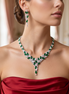 Zulekha Moonleaf Meadow Diamond Set – green American Diamond necklace and earring set with leaf motifs