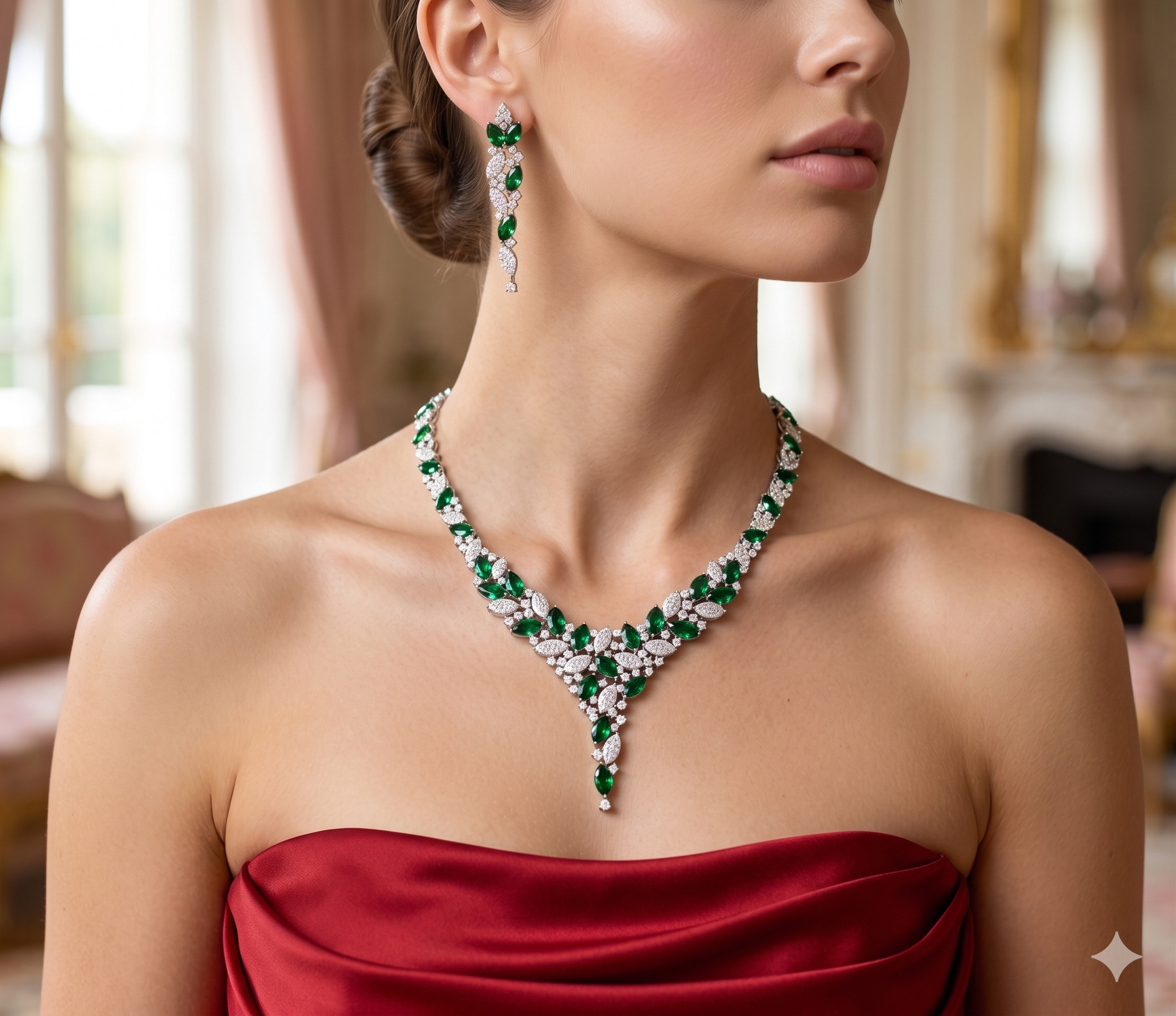 Zulekha Moonleaf Meadow Diamond Set – green American Diamond necklace and earring set with leaf motifs