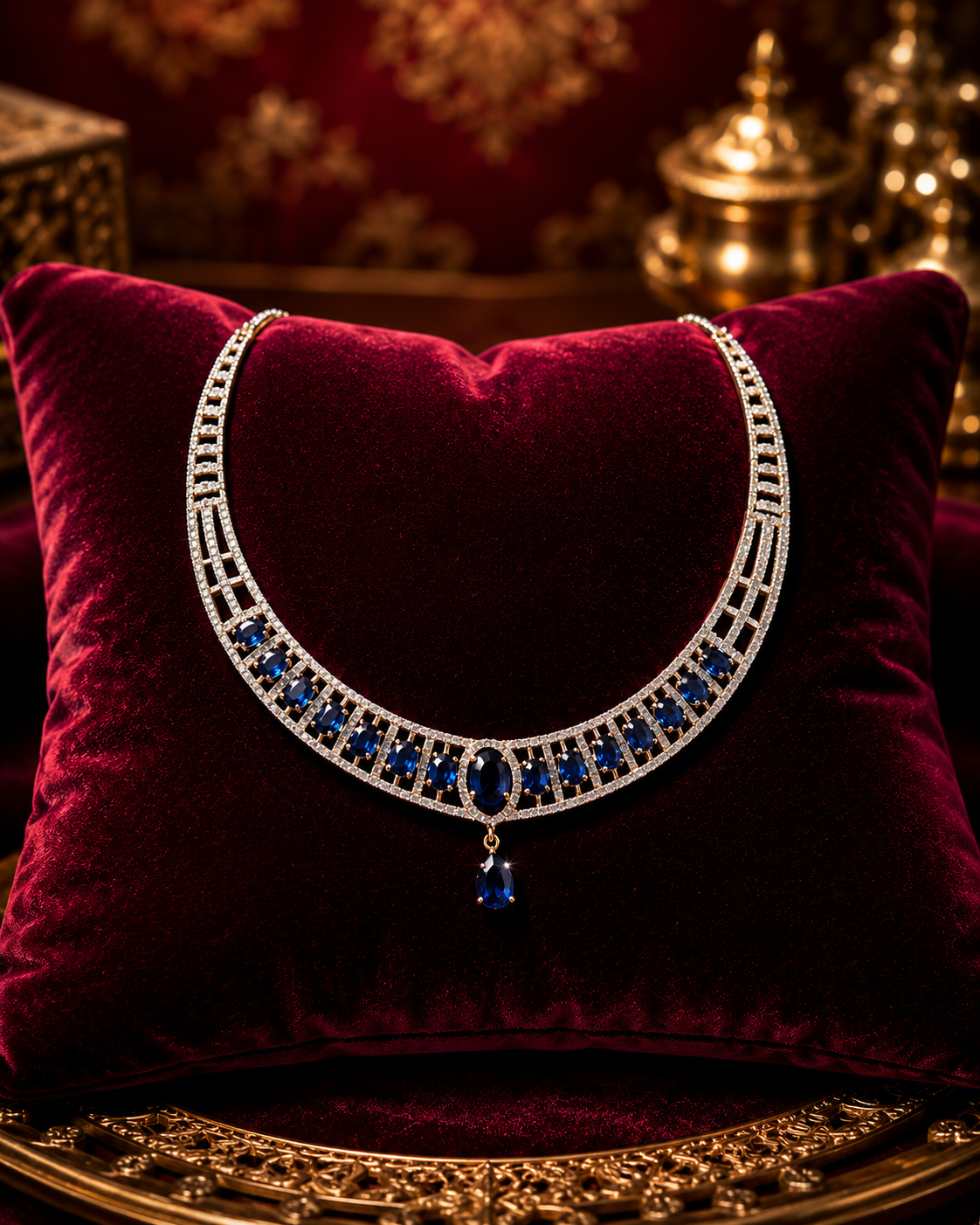 Zulekha Azure Meridian Diamond Set – azure blue American Diamond necklace and earring set
