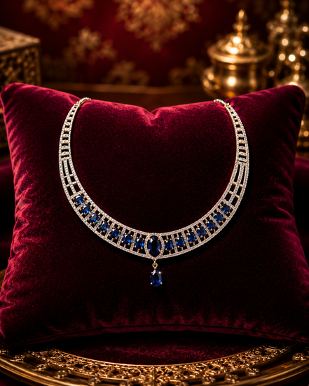 Zulekha Azure Meridian Diamond Set – azure blue American Diamond necklace and earring set
