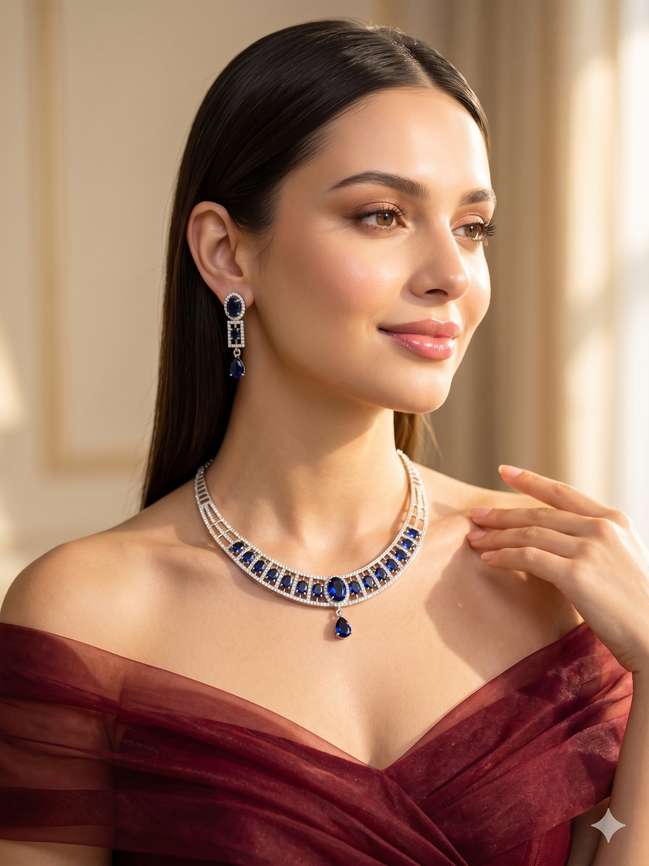 Zulekha Azure Meridian Diamond Set – azure blue American Diamond necklace and earring set
