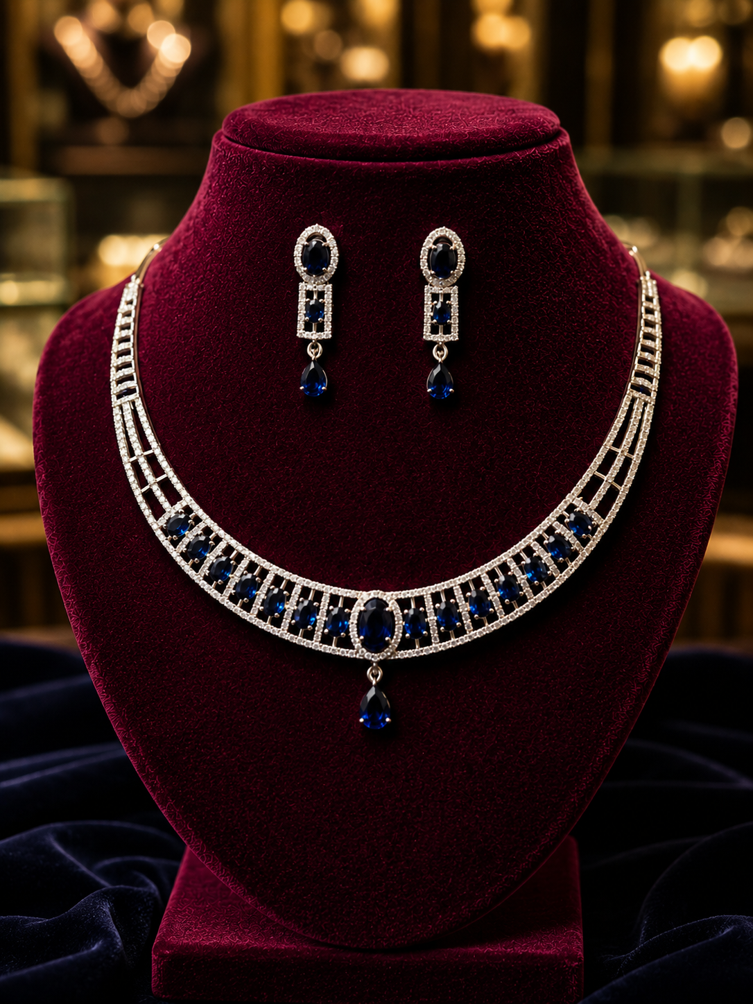 Zulekha Azure Meridian Diamond Set – azure blue American Diamond necklace and earring set