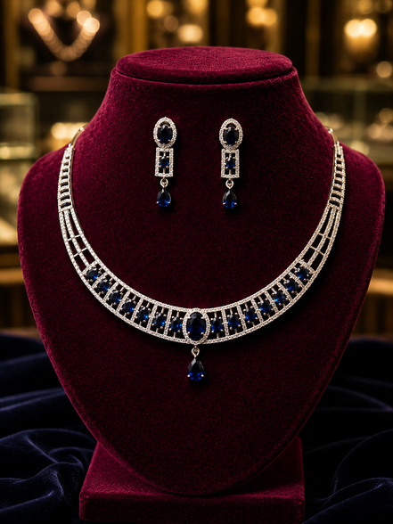 Zulekha Azure Meridian Diamond Set – azure blue American Diamond necklace and earring set