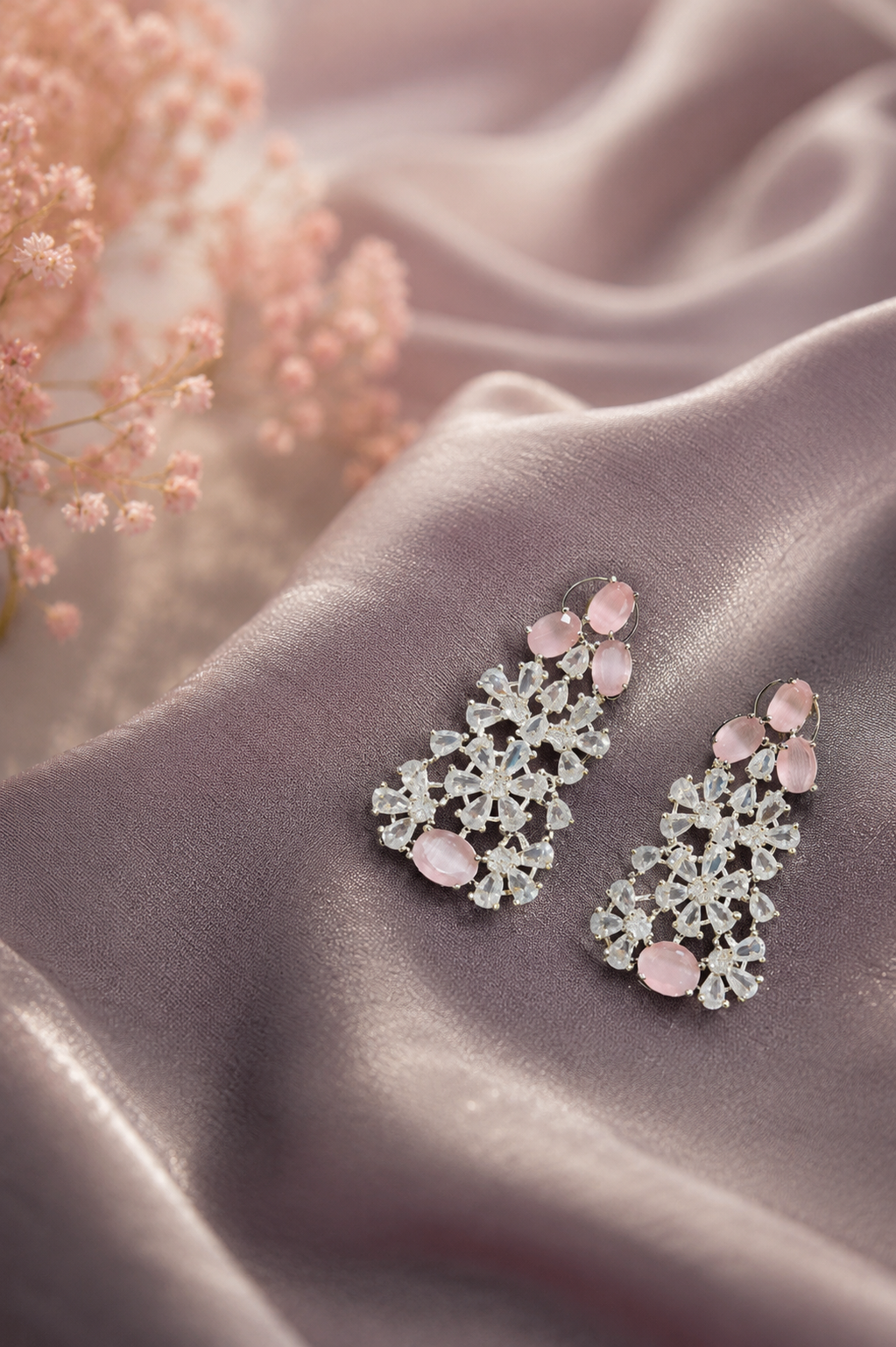 Zulekha Blush Fiora Diamond Set – blush pink American Diamond necklace and earring set