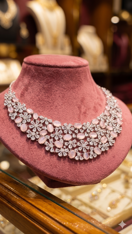Zulekha Blush Fiora Diamond Set – blush pink American Diamond necklace and earring set