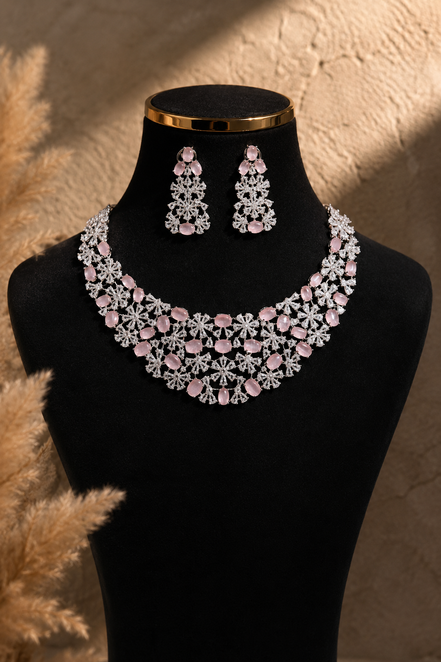 Zulekha Blush Fiora Diamond Set – blush pink American Diamond necklace and earring set
