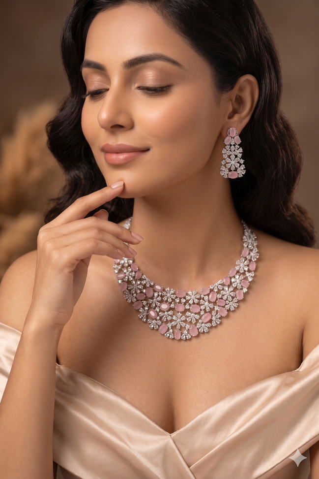Zulekha Blush Fiora Diamond Set – blush pink American Diamond necklace and earring set