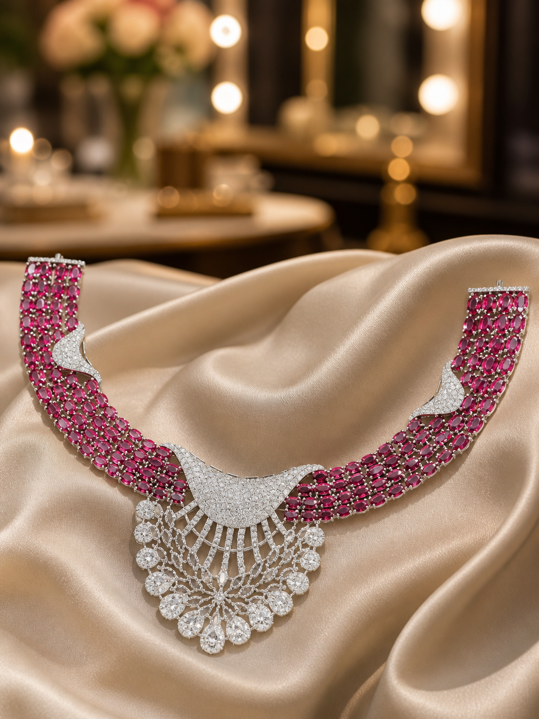 Zulekha Blush Regalia Diamond Set – blush pink American Diamond necklace and earring set