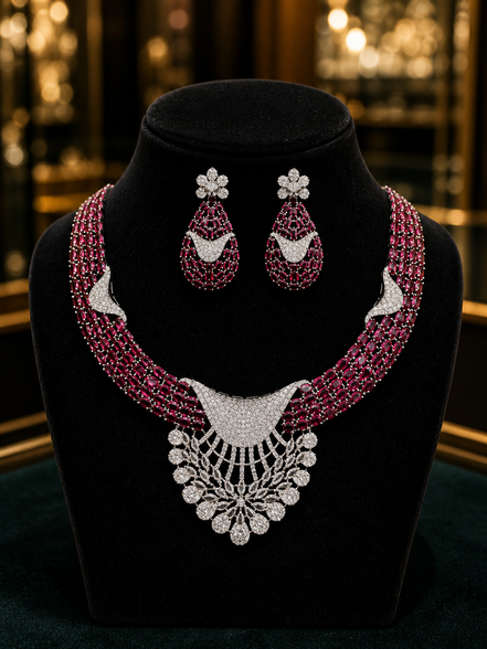 Zulekha Blush Regalia Diamond Set – blush pink American Diamond necklace and earring set