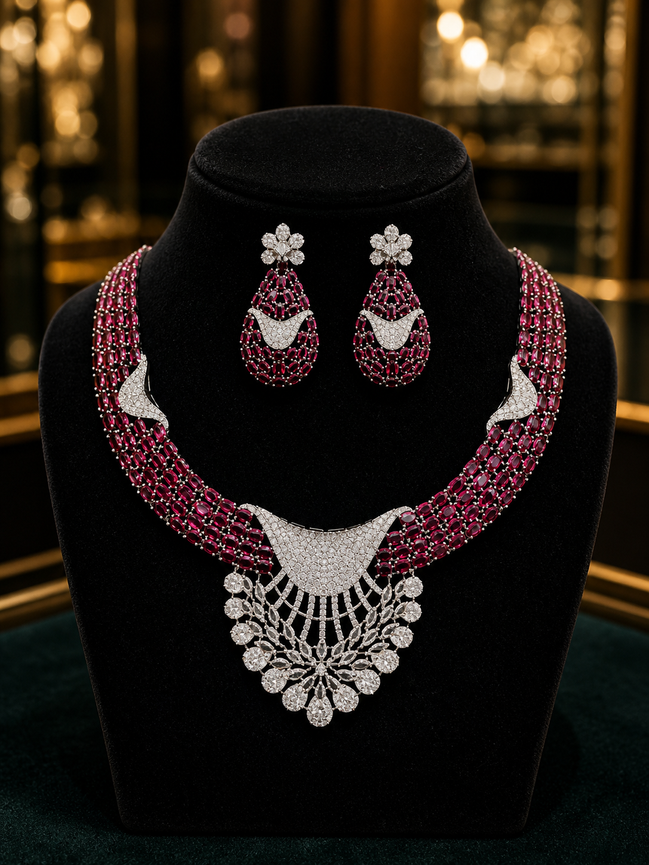 Zulekha Blush Regalia Diamond Set – blush pink American Diamond necklace and earring set