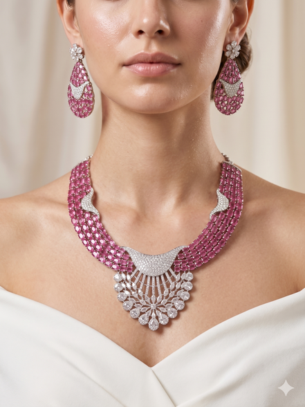 Zulekha Blush Regalia Diamond Set – blush pink American Diamond necklace and earring set
