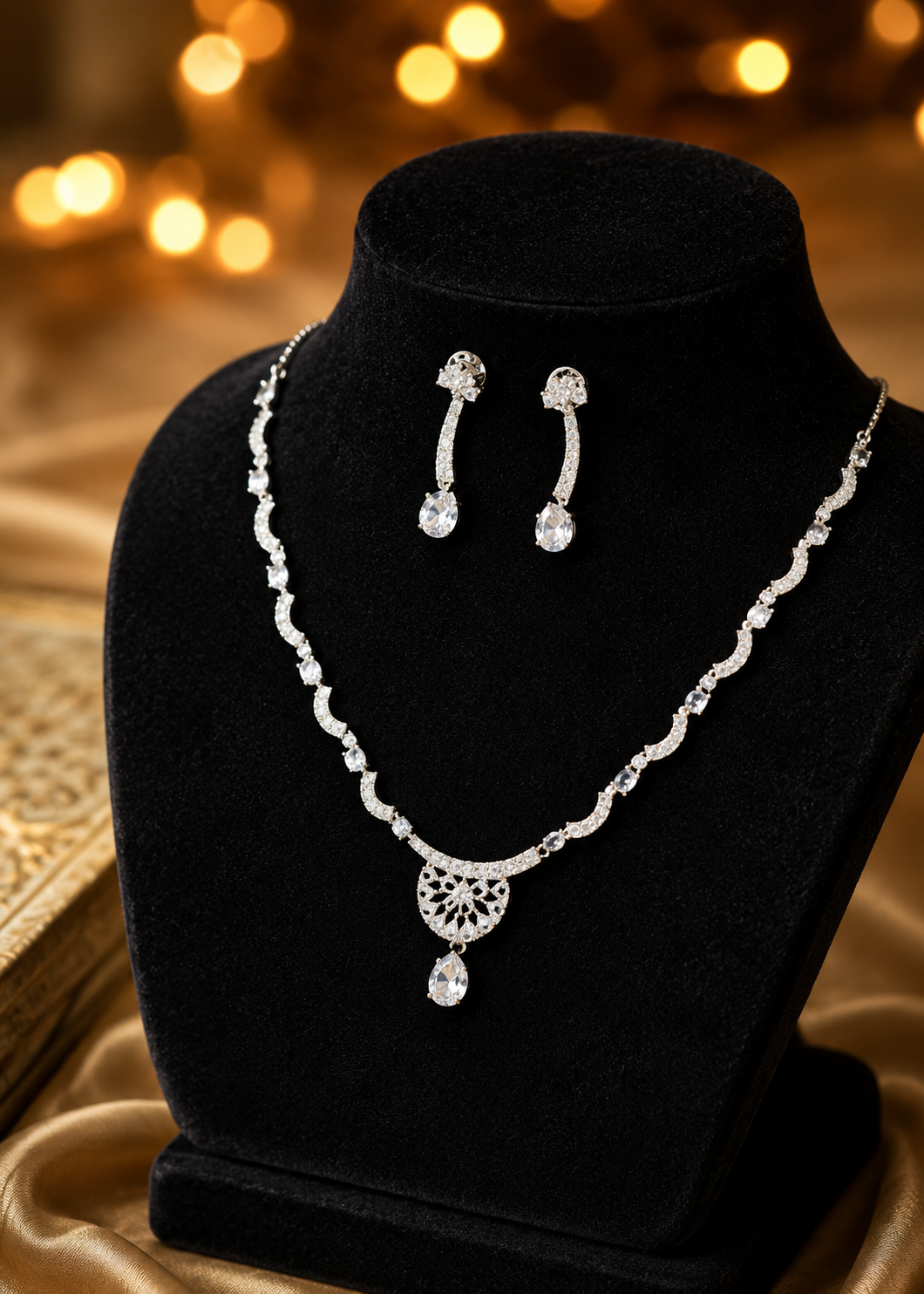 Zulekha Celeste Veil Diamond Set – American Diamond necklace and earring set