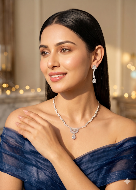 Zulekha Celeste Veil Diamond Set – American Diamond necklace and earring set
