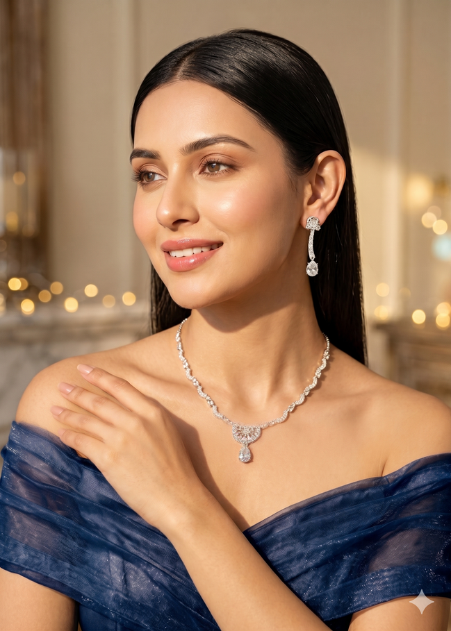 Zulekha Celeste Veil Diamond Set – American Diamond necklace and earring set