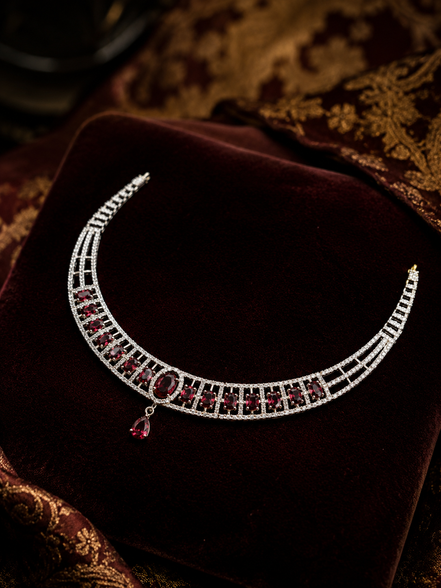 Zulekha Crimson Meridian Diamond Set – deep red American Diamond necklace and earring set
