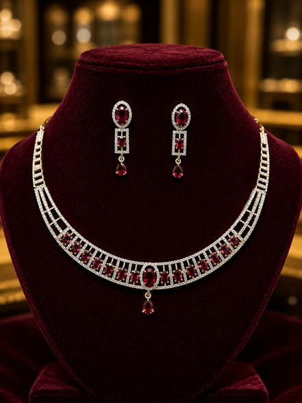 Zulekha Crimson Meridian Diamond Set – deep red American Diamond necklace and earring set