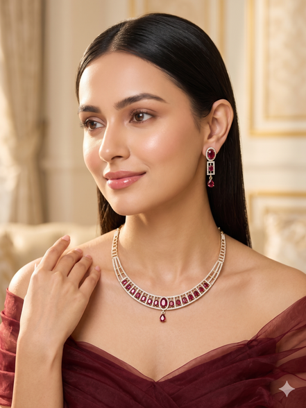Zulekha Crimson Meridian Diamond Set – deep red American Diamond necklace and earring set