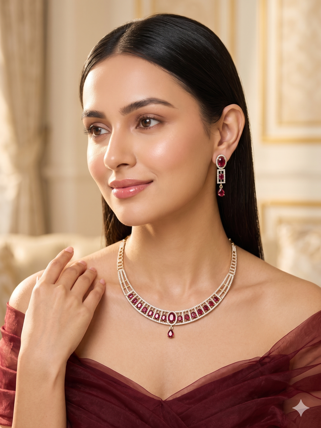 Zulekha Crimson Meridian Diamond Set – deep red American Diamond necklace and earring set